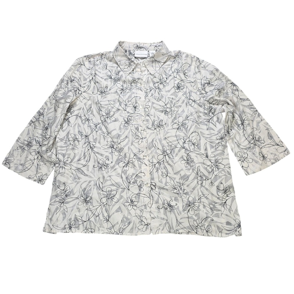 Alfred Dunner 3/4 Sleeve Button Up Blouse Women's Size 18 White Black Floral